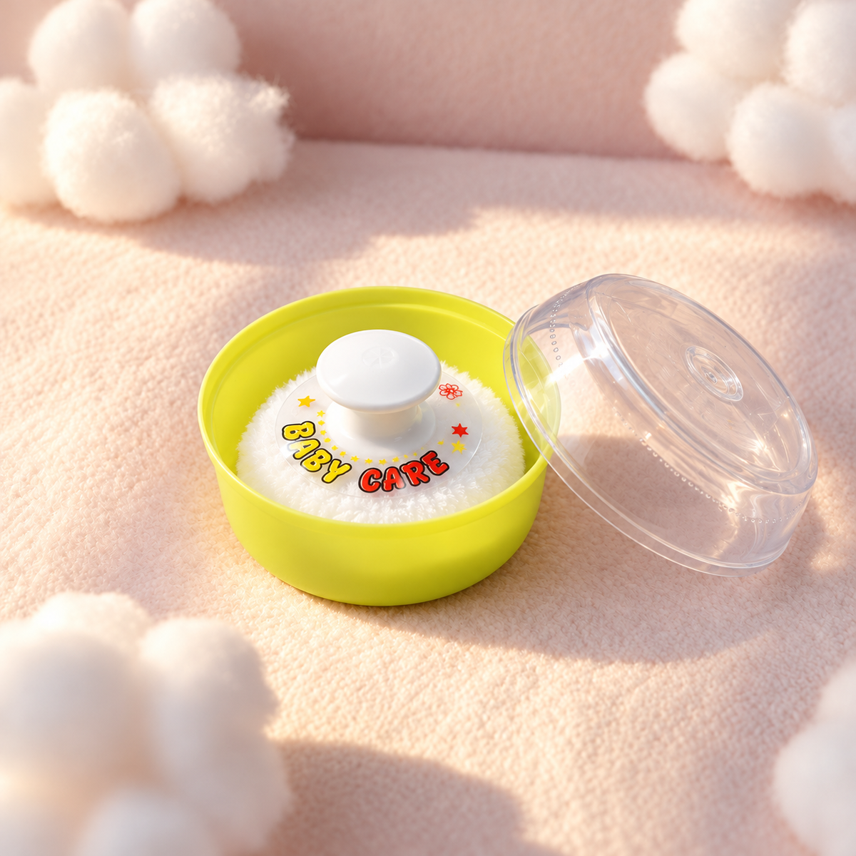 Yellow baby care powder puff displayed in its round Yellow case beside a transparent protective lid, featuring star details and BABY CARE wording.