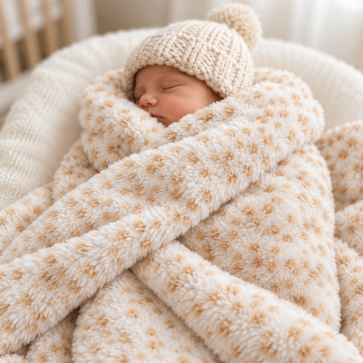 Sleeping baby covered in the White shaggy blanket with a soft Brown spotted fluffy pattern and neatly finished plush edges.
