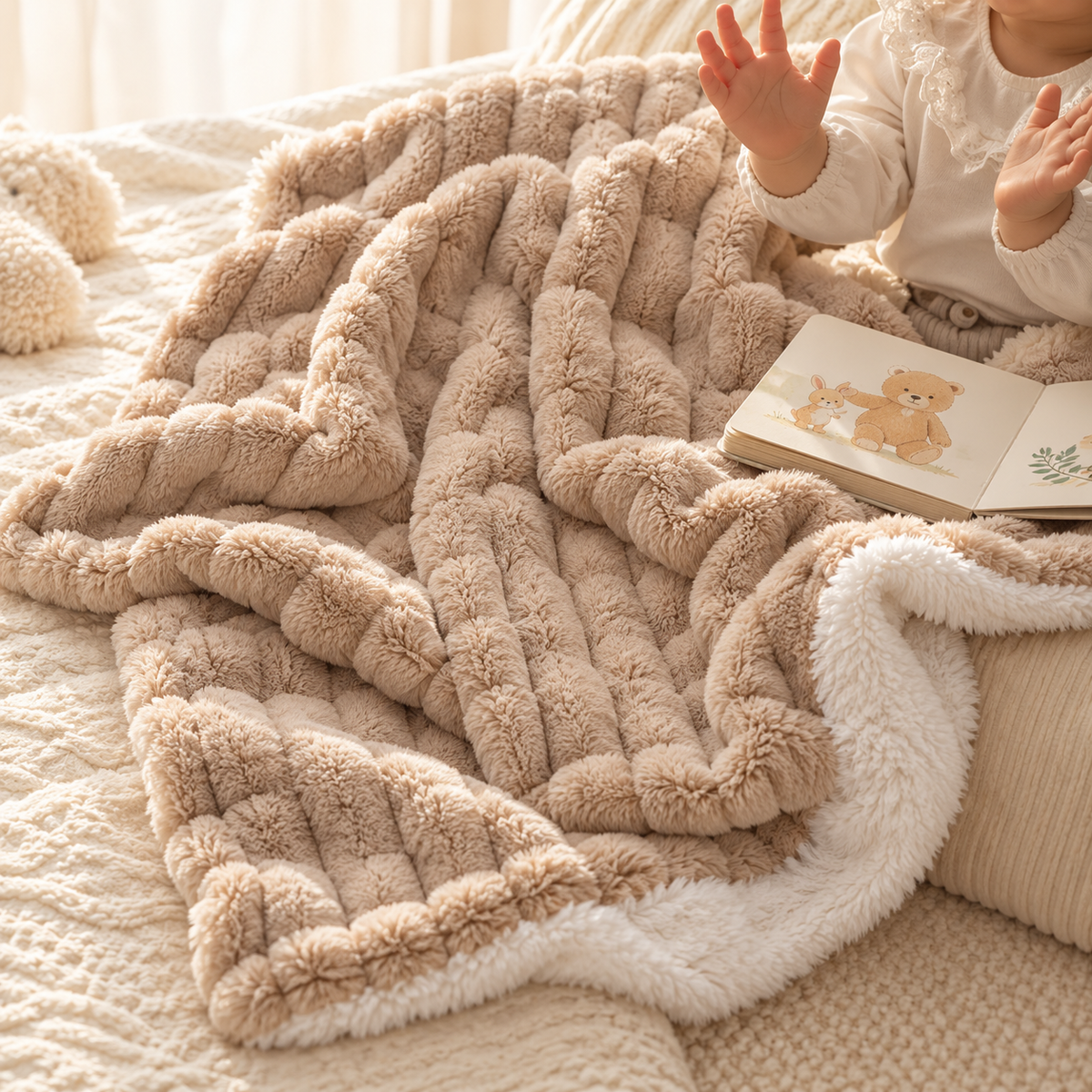 Beige soft fluffy baby blanket laid open beside a child and teddy bear picture book, highlighting the textured plush-look finish and Cream lining.