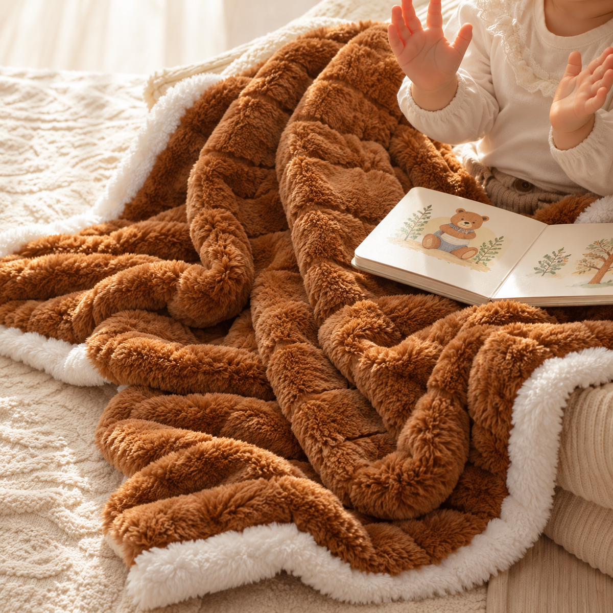 Brown soft fluffy baby blanket draped on a bed beside a child and open teddy bear picture book, with Cream fluffy inner border visible.