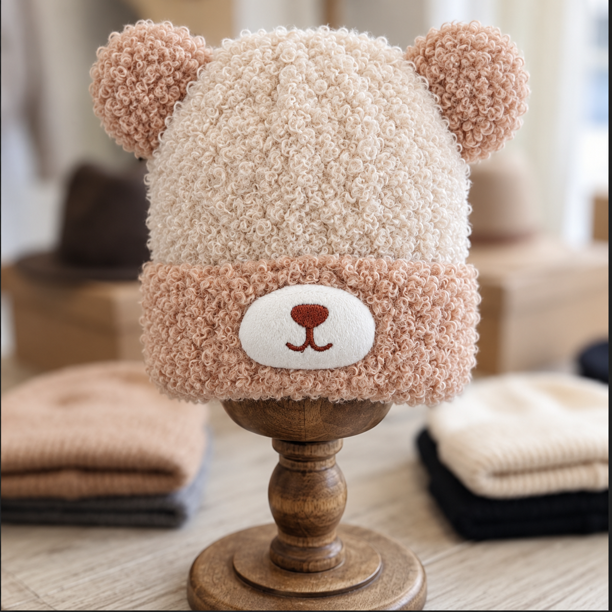 Light Brown and Beige curly plush-look kids bear winter cap displayed on a wooden stand, with rounded ears and an oval embroidered bear muzzle.