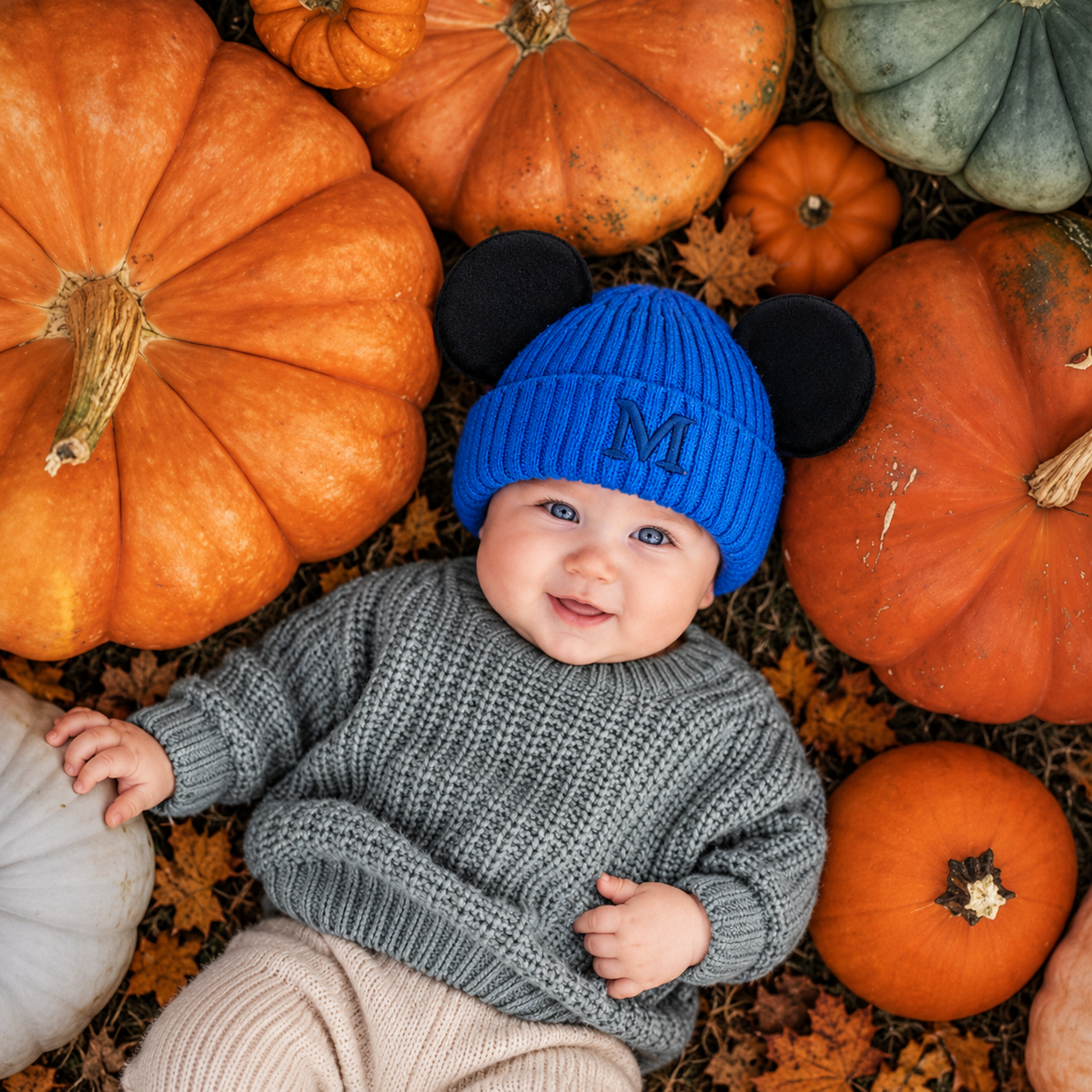 Baby wearing the Blue ribbed M ear winter cap with Black rounded ears and tonal M cuff applique, paired with a Grey knit sweater.
