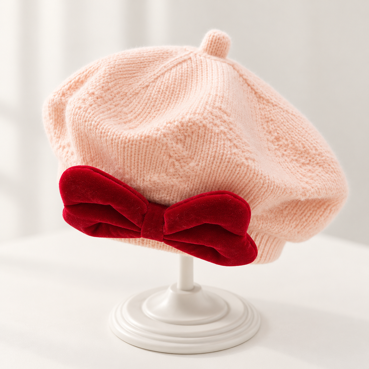 Light Pink kids winter beret cap on a white stand, showing the rounded gathered silhouette and large deep Red bow detail