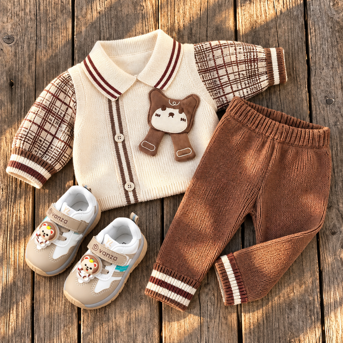 Flat lay of the Brown baby bear applique sweater and trouser set on a wooden background, with Cream collared sweater, check sleeves and Brown trousers.