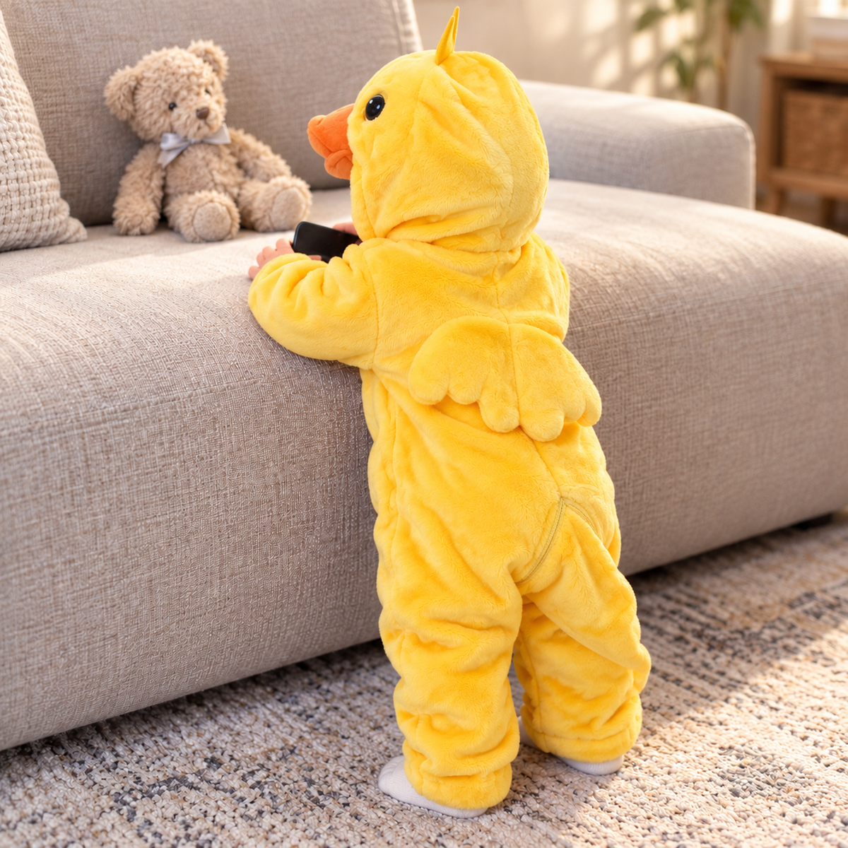 Rear lifestyle view of the Yellow chick plush romper, highlighting the padded Yellow wings, hood crest and full-length covered design.