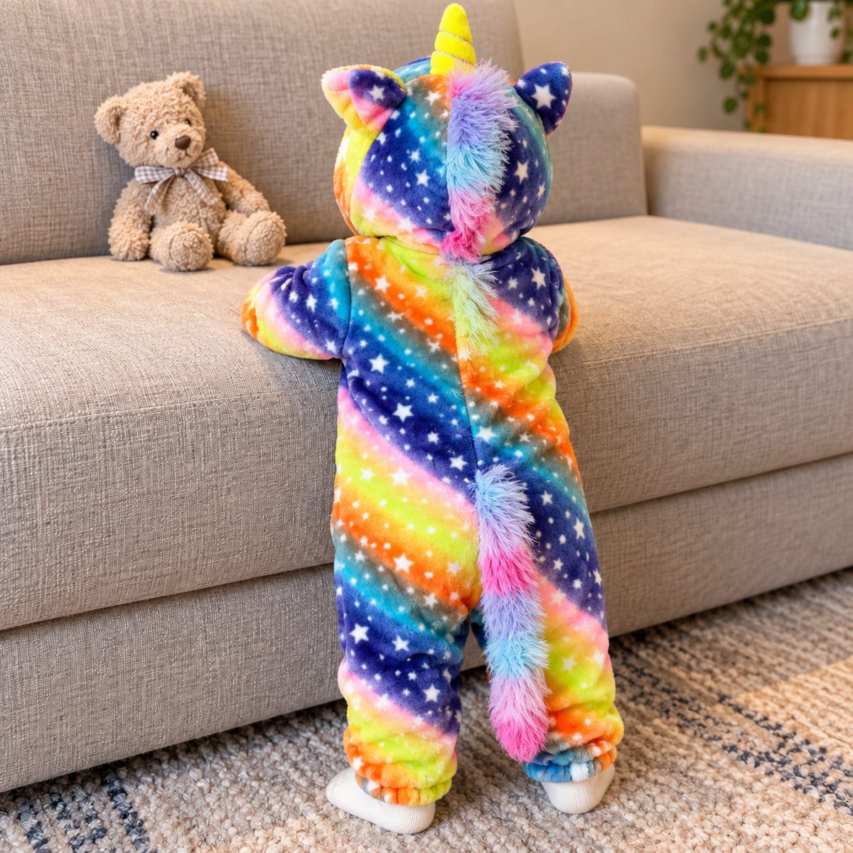 Rear view of the rainbow unicorn hooded plush romper, highlighting the fluffy multicolour mane and long matching tail.