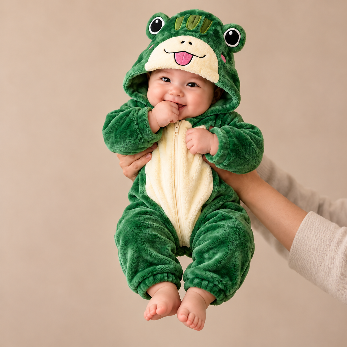 Baby held in a Green frog hooded plush romper with raised eyes, a smiling Cream face panel and light Cream zip-front tummy.