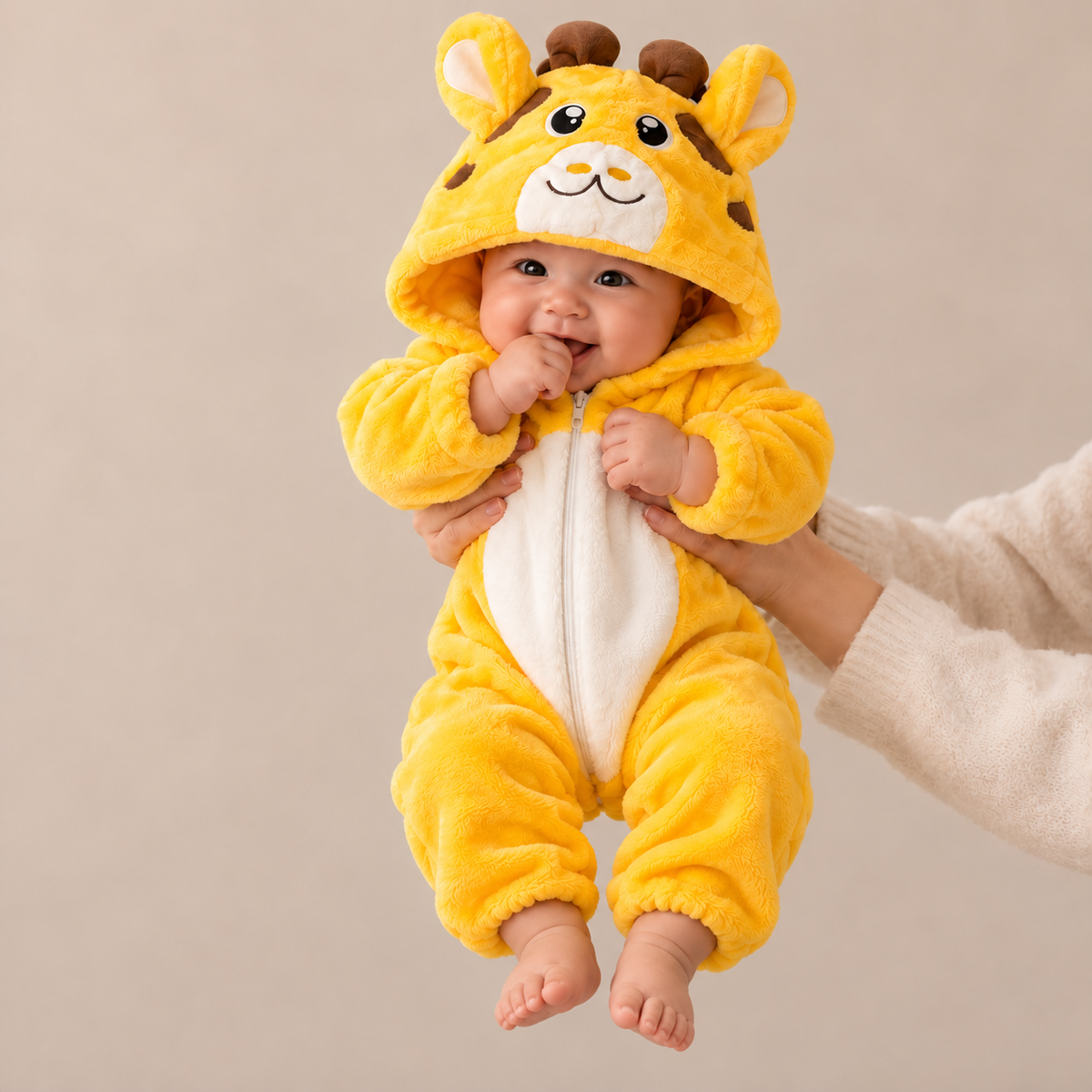Baby held upright in a Yellow giraffe-inspired plush hooded romper with Brown horn details, giraffe markings and a White oval tummy panel.