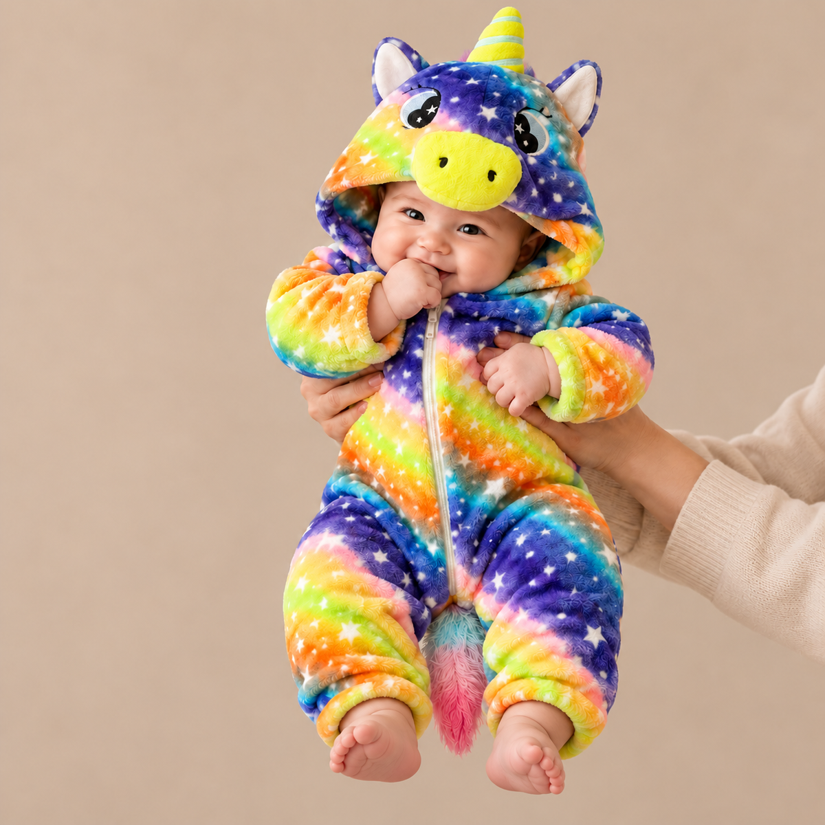 Baby wearing a Yellow and Purple rainbow star-print unicorn plush romper with a bright Yellow snout, horned character hood and fluffy tail.