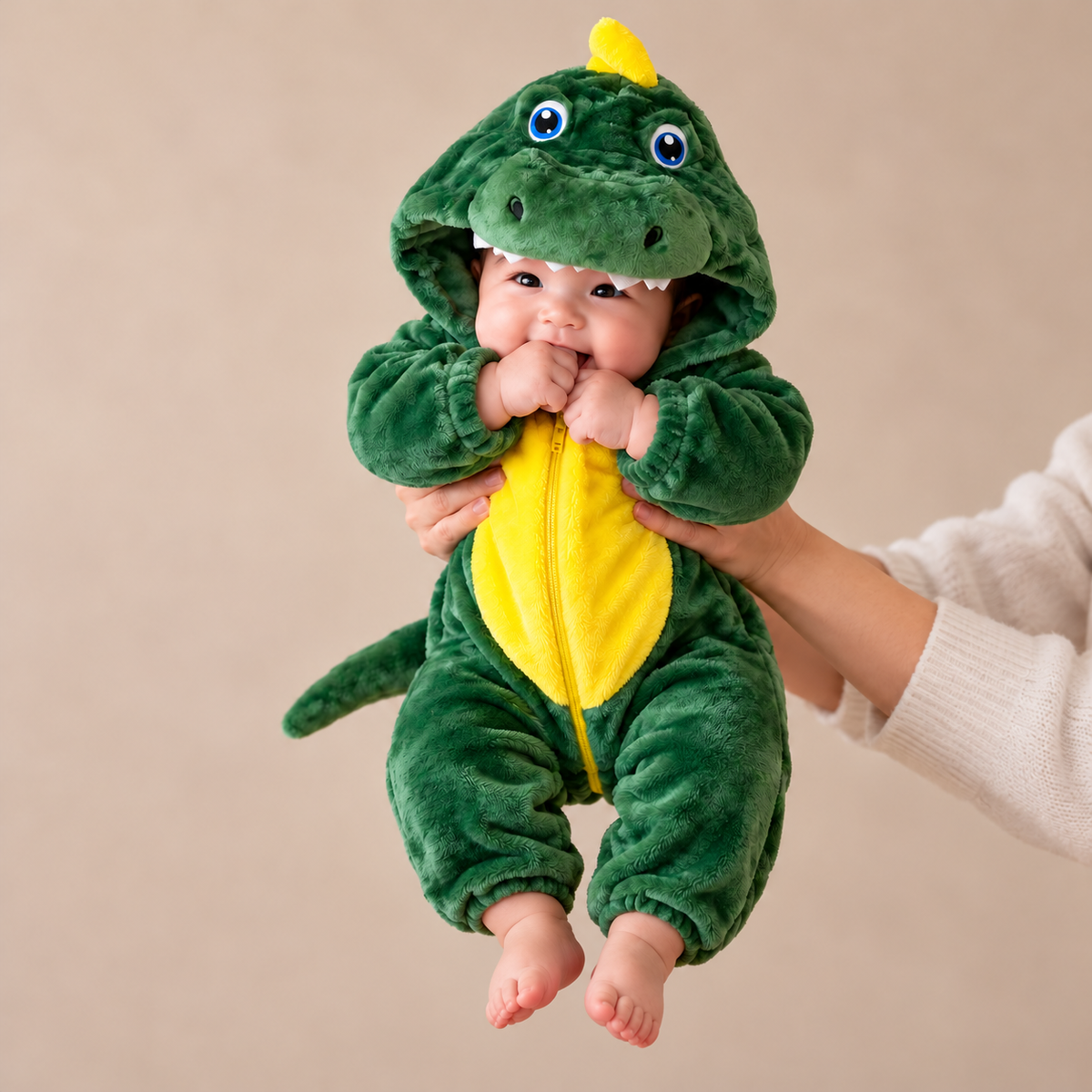 Baby wearing a Green dinosaur hooded plush romper, held upright against a neutral background, with a Yellow zip tummy panel, tooth-detail hood and long tail.