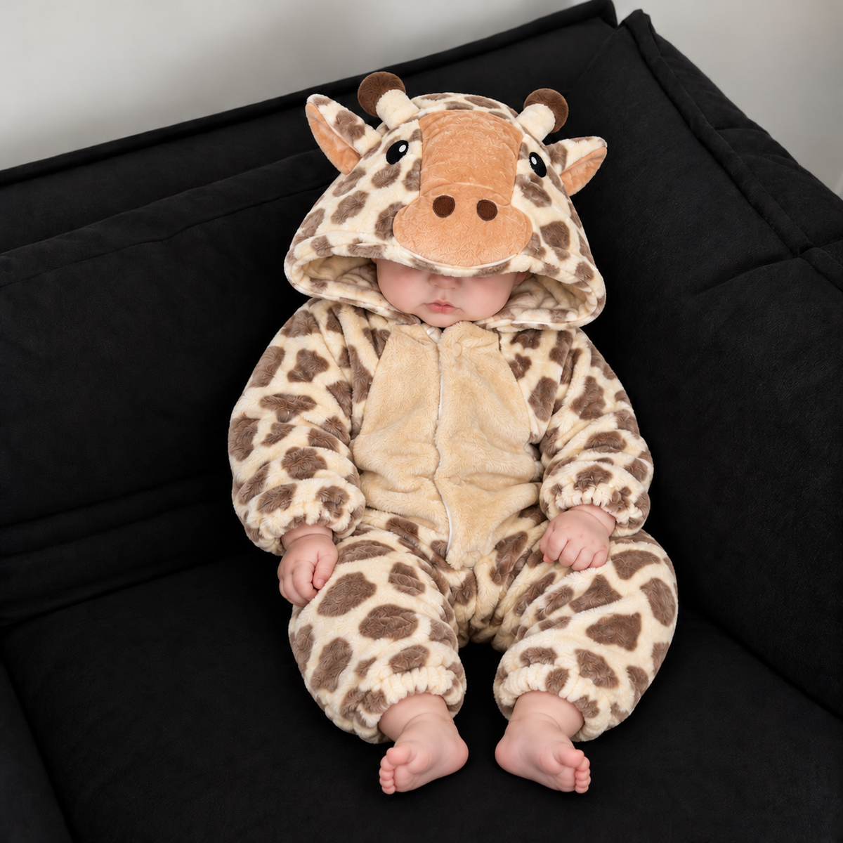 Baby wearing a Brown giraffe-inspired plush hooded romper on a Black sofa, featuring a spotted outer, raised ears, small horns and Beige tummy panel.