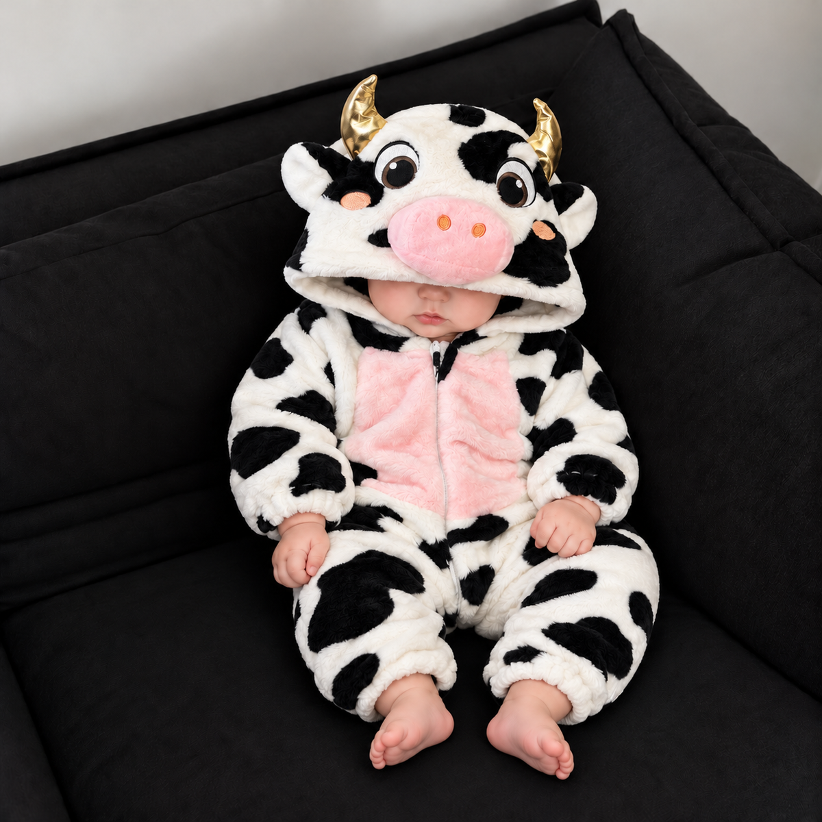 Baby wearing a Black and White cow character plush hooded romper on a Black sofa, with Gold-look horns, Pink snout hood and Pink tummy panel.