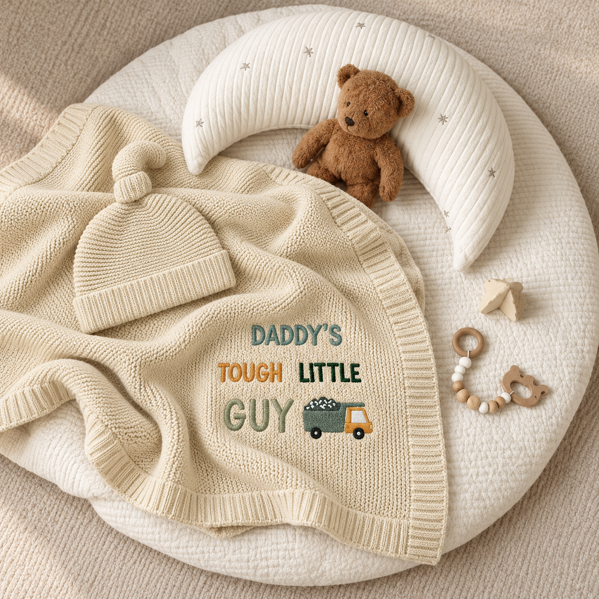 Beige textured baby wrapping shawl and matching knotted cap arranged in a nursery flat lay, featuring DADDY’S TOUGH LITTLE GUY wording and a small vehicle motif.