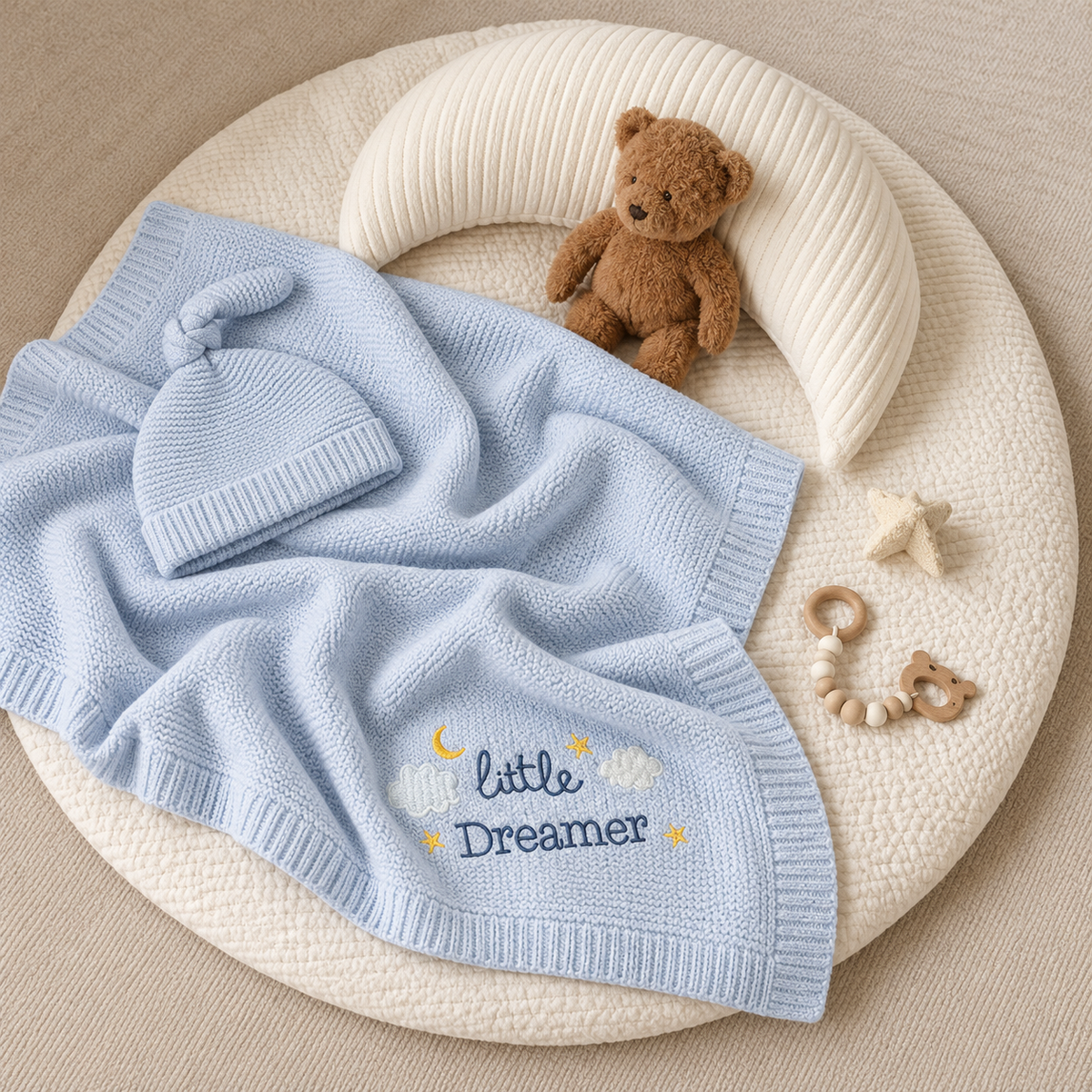 Blue textured baby wrapping shawl and matching knotted cap in a neutral flat-lay nursery presentation, featuring little Dreamer wording with cloud, moon and star details.