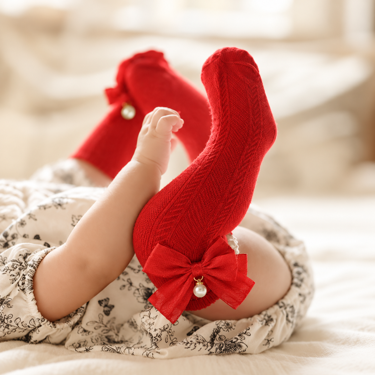 Bright Red knee length girls sock worn by a child, with textured chevron knit, matching sheer ankle bow and pearl-style charm.