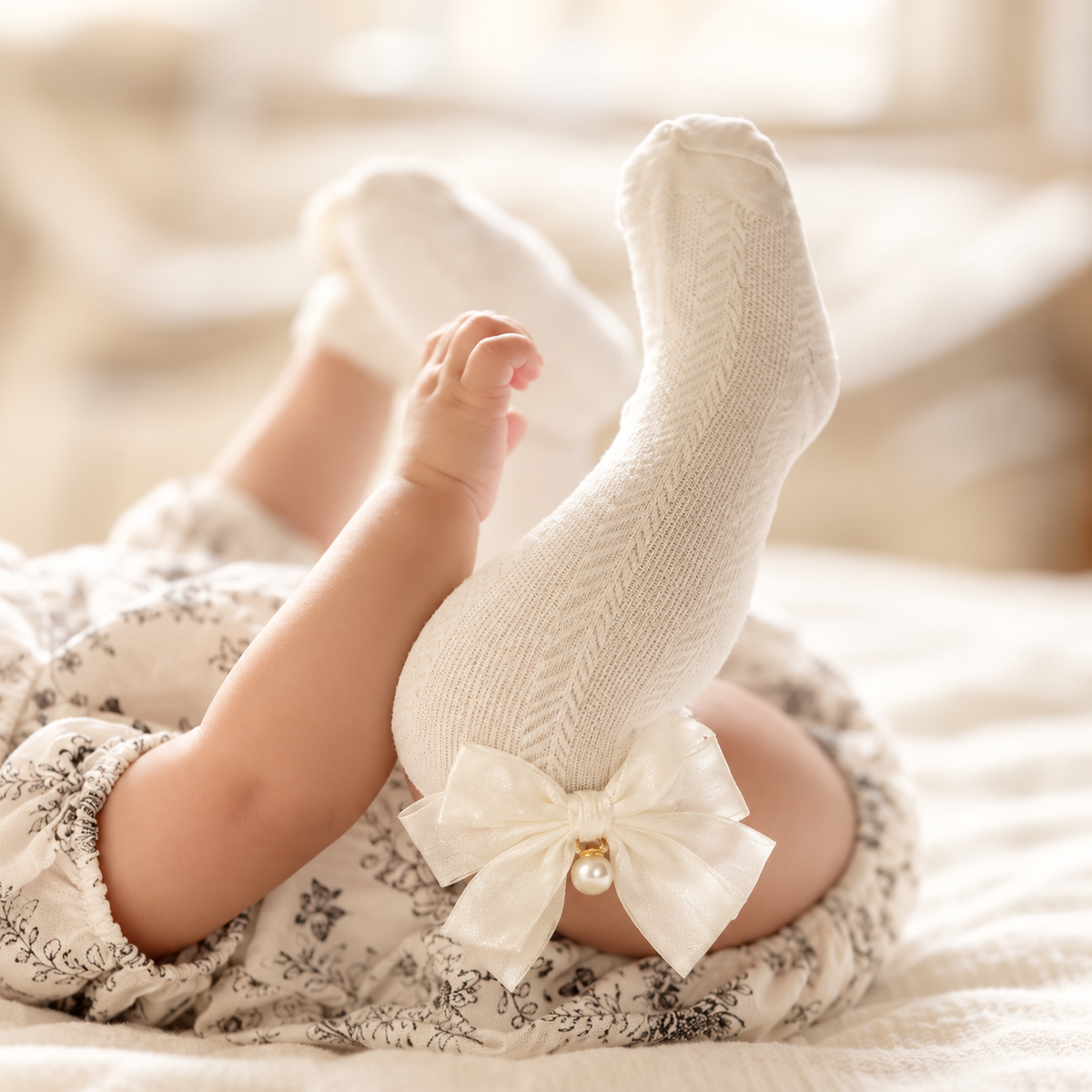 Cream knee length girls sock worn by a child, featuring a chevron-knit texture, large Cream ankle bow and pearl-style hanging charm.