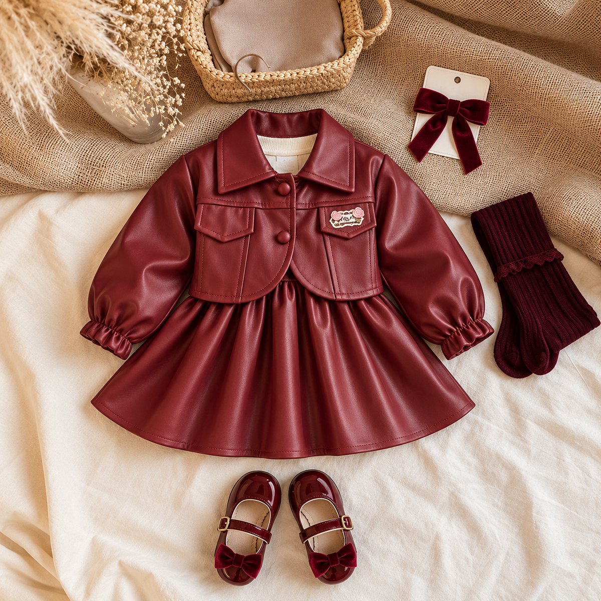 Maroon girls leather-look jacket and matching frock displayed flat, with round front buttons, wide collar, decorative pocket patch and full gathered skirt.