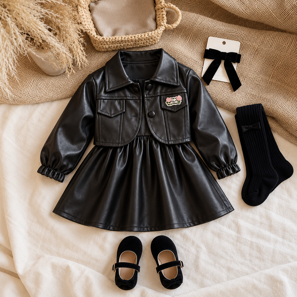 Black girls leather-look cropped jacket and flared frock flat lay, showing the glossy finish, chest pocket flaps and gathered sleeve cuffs.