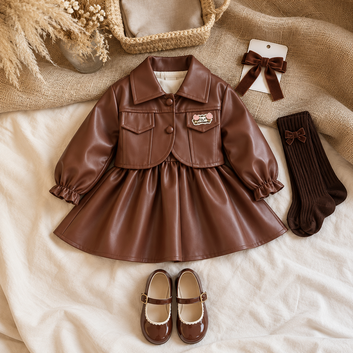 Brown girls leather-look jacket and matching long-sleeve gathered frock laid flat, featuring a pointed collar, button front and floral pocket patch.