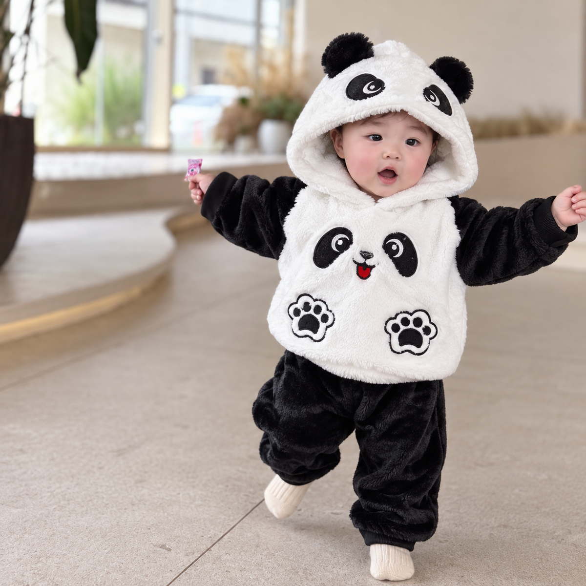 Toddler wearing a Black and White shaggy panda hoodie and trouser 2pc suit, showing the panda-ear hood, face applique and paw-print front patches.