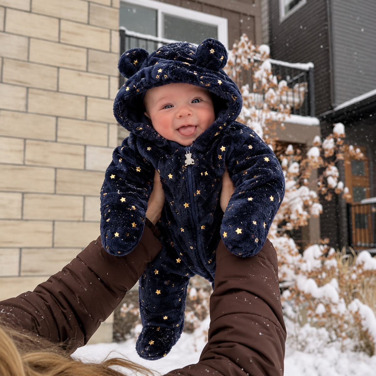 Baby wearing the Navy Blue Gold star shaggy bear-ear zip romper outdoors in snowy weather, showing the plush hood and full-length fit.