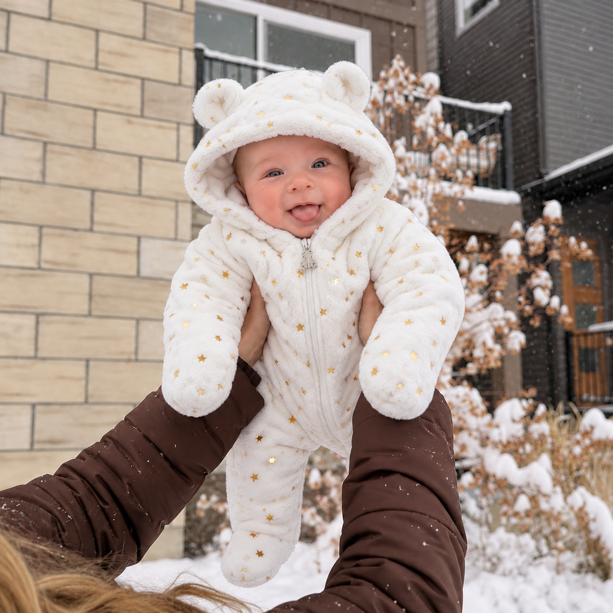Baby wearing the White Gold star shaggy bear-ear hooded romper outdoors in falling snow, held up for a front view.
