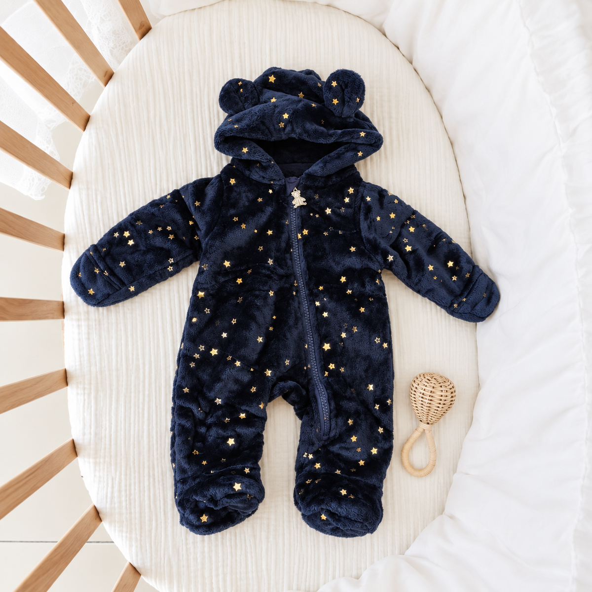 Deep Navy Blue baby shaggy romper displayed flat in a crib, featuring scattered Gold stars, rounded bear ears and centre-front zip.