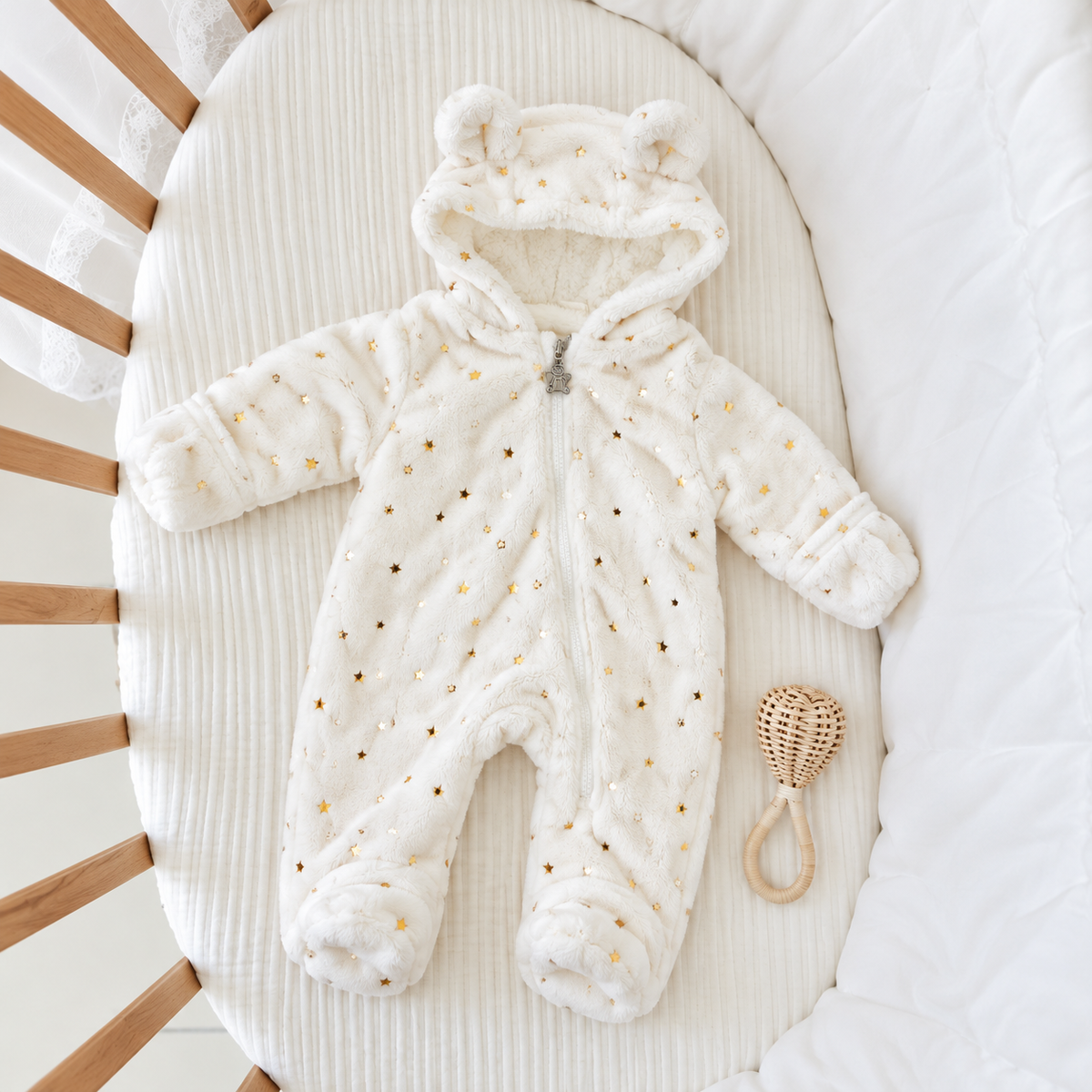 White baby shaggy zip romper laid flat on a crib mattress, showing Gold star print, bear-ear hood, plush lining and enclosed feet.