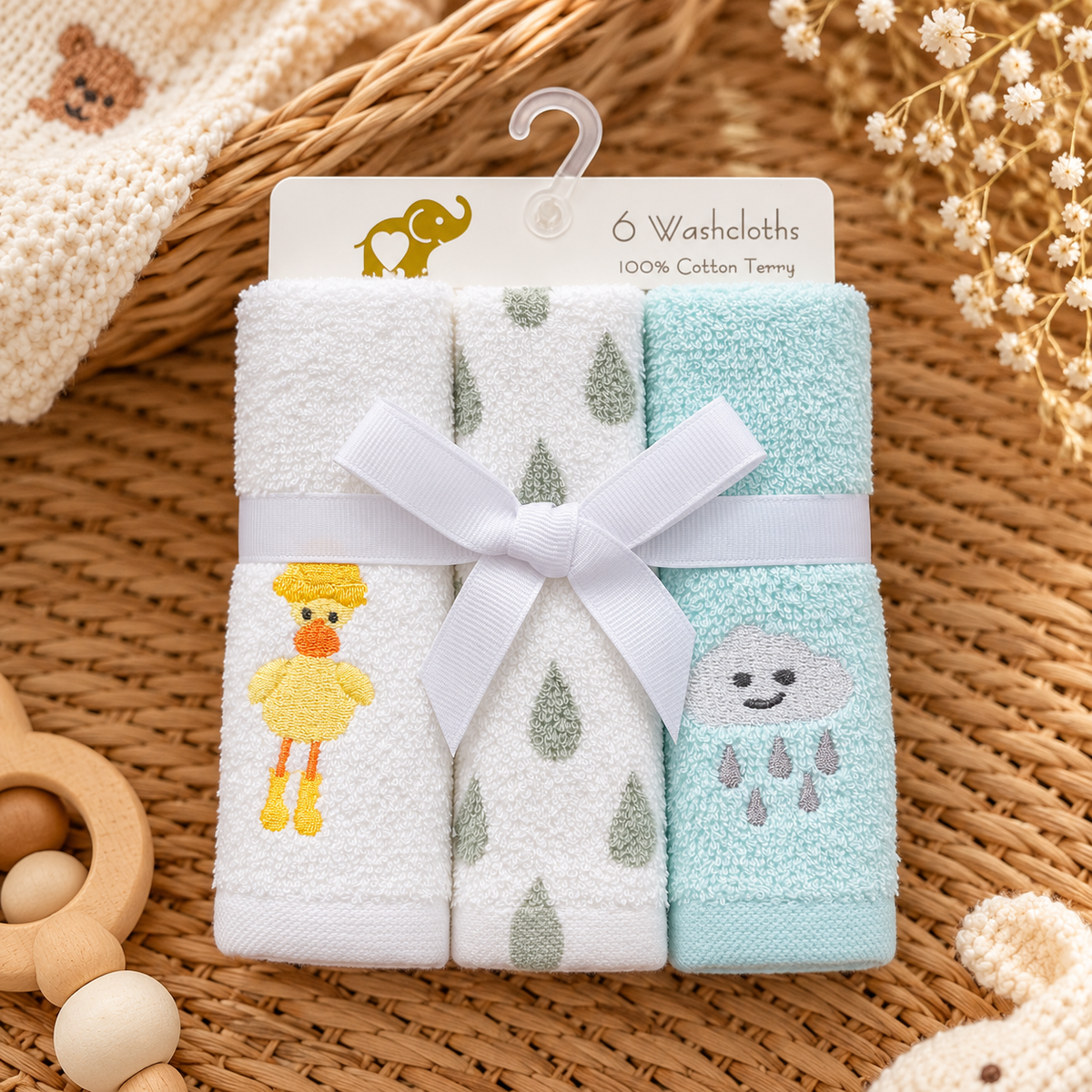 Yellow, White and Baby Cleaning Face Towel 6PC Pack with duck embroidery, raindrop print and smiling cloud detail.