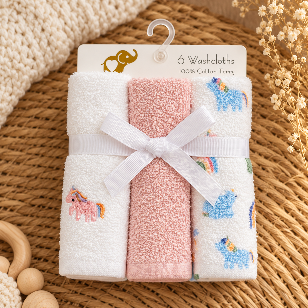 Pink and White Baby Cleaning Face Towel 6PC Pack featuring colourful unicorn embroidery and unicorn print on the displayed towels.