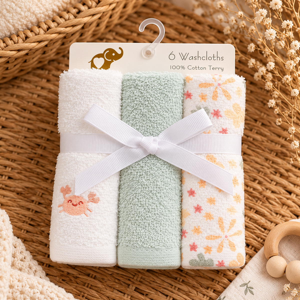 Mint Green, White and floral Baby Cleaning Face Towel 6PC Packwith crab embroidery, tied with a White ribbon on a 6 Washcloths card.