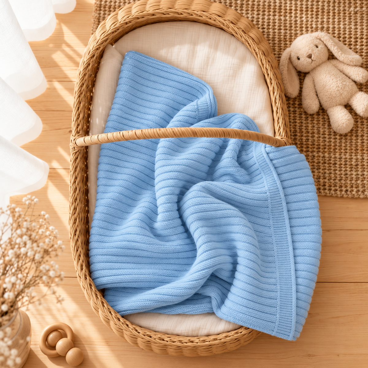 Blue ribbed knit baby wrapping shawl displayed loosely folded in a woven basket, showing its fine horizontal textured knit.