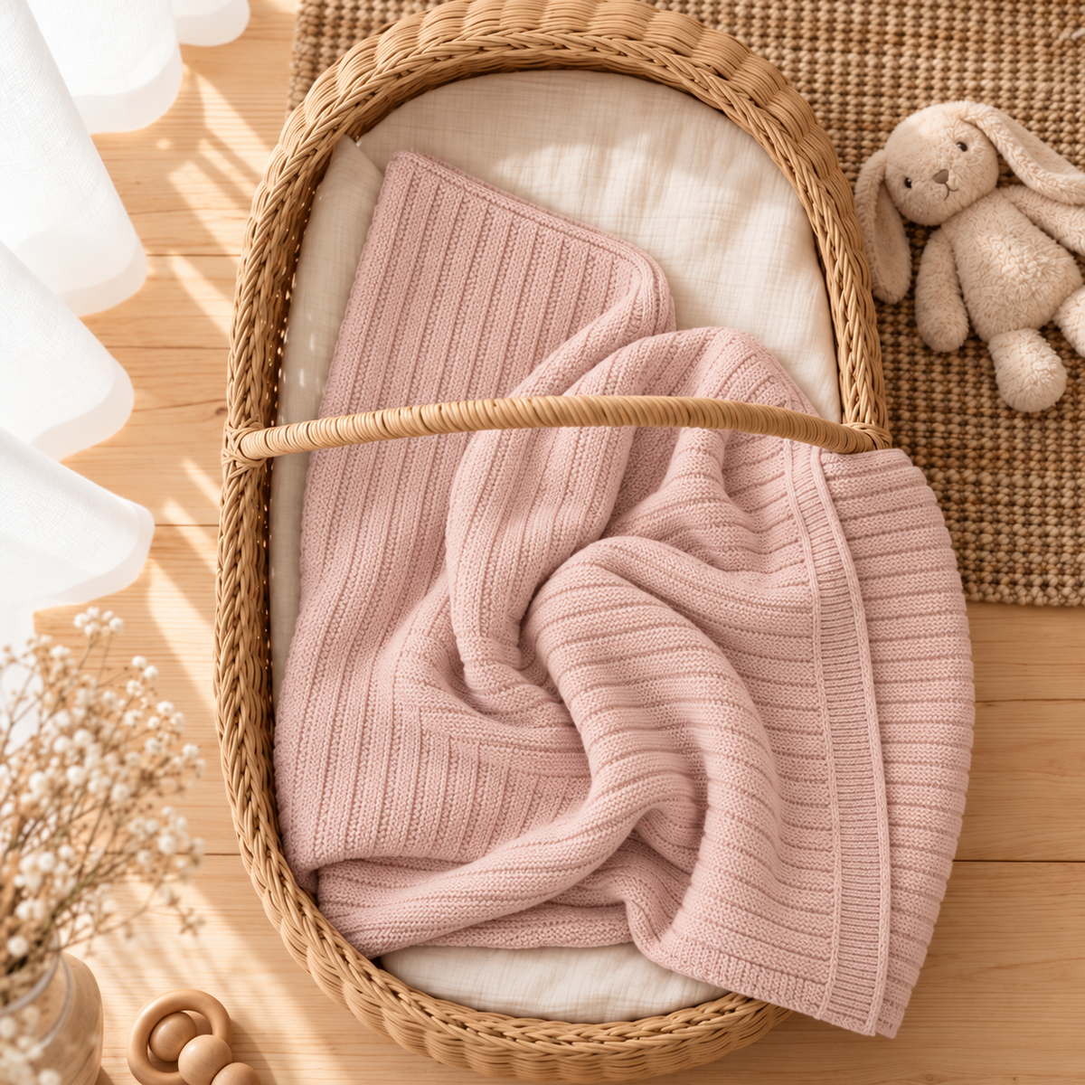 Pink ribbed knit baby wrapping shawl arranged in a wicker basket with a neatly finished border visible at the edge.