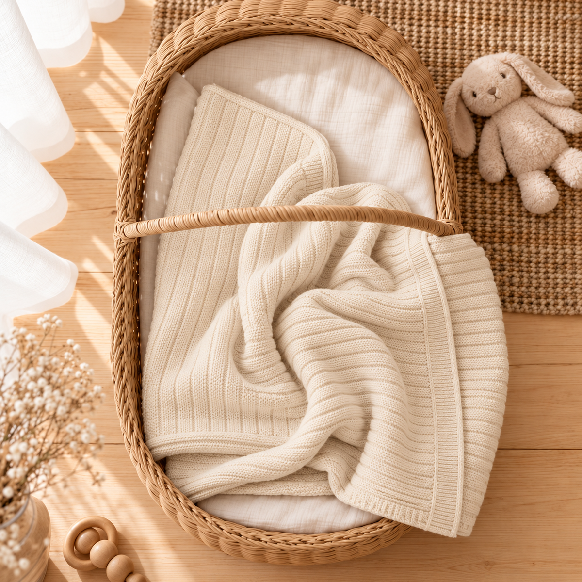Beige ribbed knit baby wrapping shawl folded and draped inside a woven nursery basket beside a soft bunny toy.
