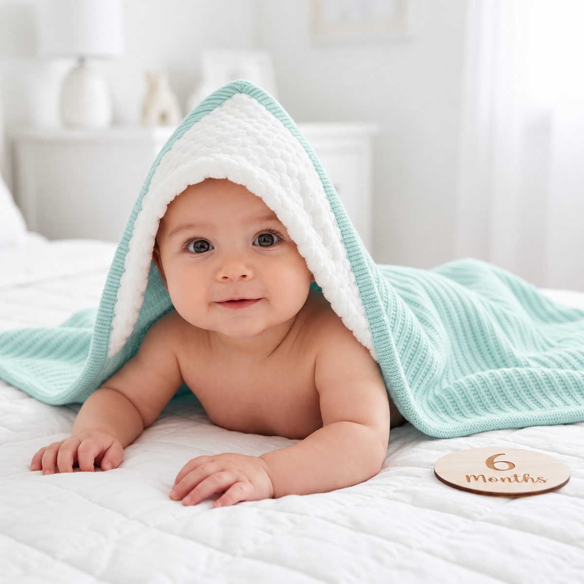Baby under a Mint Green ribbed knit hooded wrapping shawl, with White bobble-textured lining framing the face.