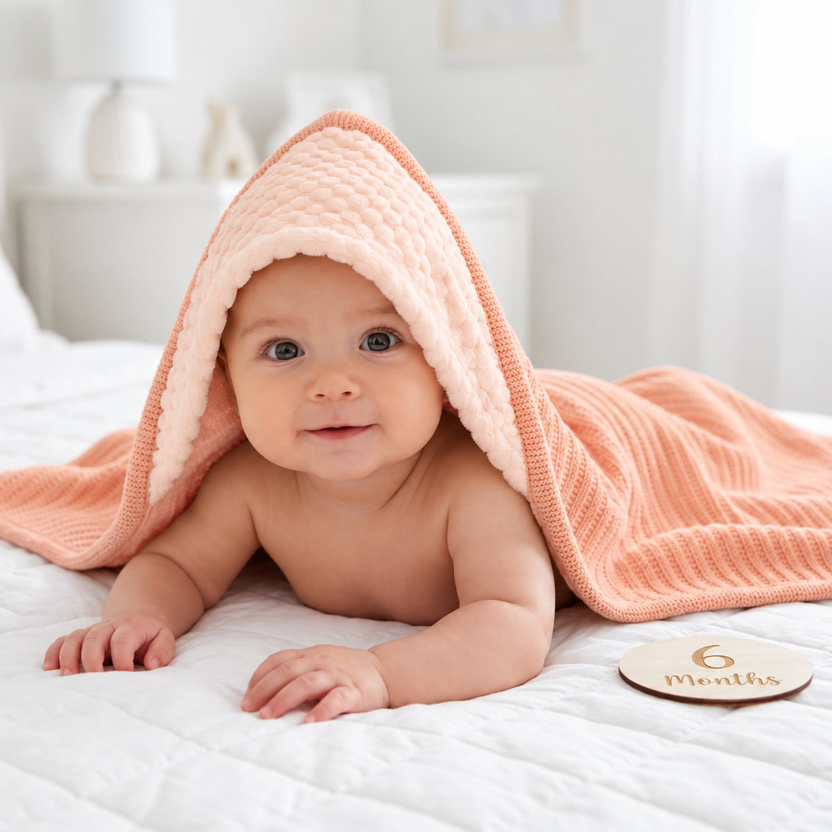 Baby under a Peach ribbed knit hooded wrapping shawl, highlighting the soft Peach outer and fluffy pale hood lining.