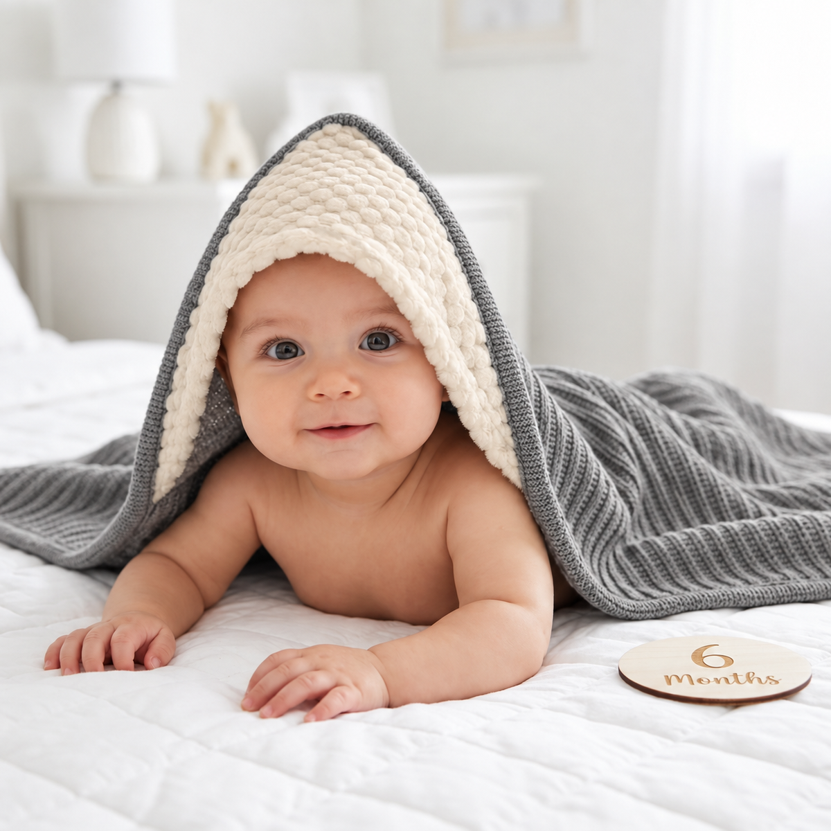 Baby wearing the hood of a Grey ribbed knit wrapping shawl, with the Grey textured blanket spread around on a White bed.