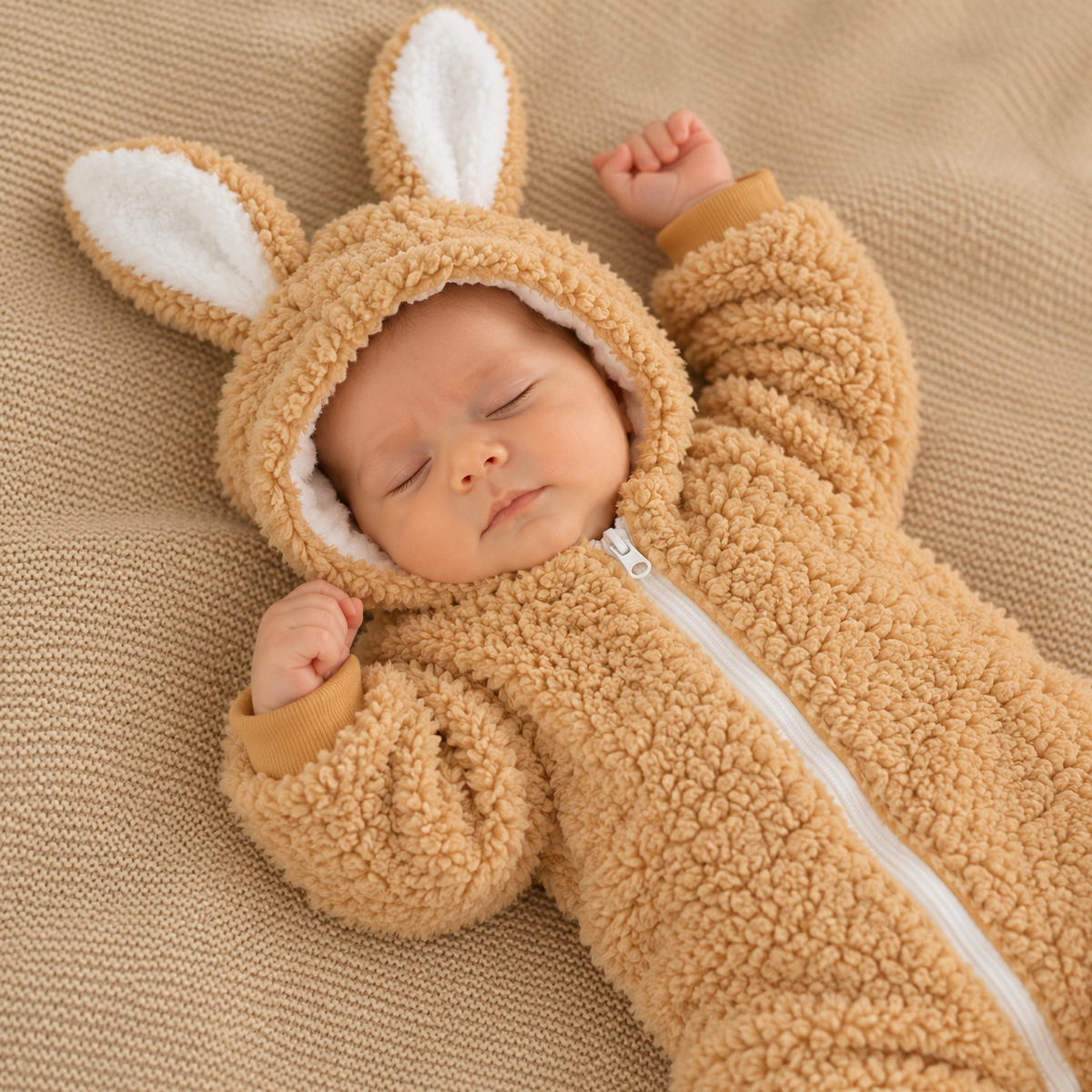 Baby wearing the brown bunny ear hooded shaggy zip romper while sleeping on a beige knitted blanket, showing the fluffy hood and tall ears.