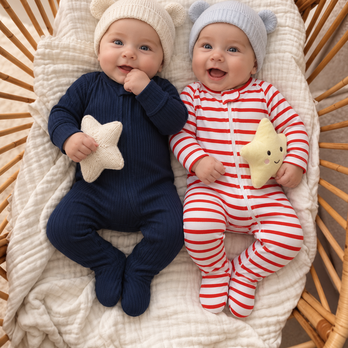 Navy ribbed footed romper beside a Red and White striped zip-front footed romper, worn by two babies in a wicker bassinet.