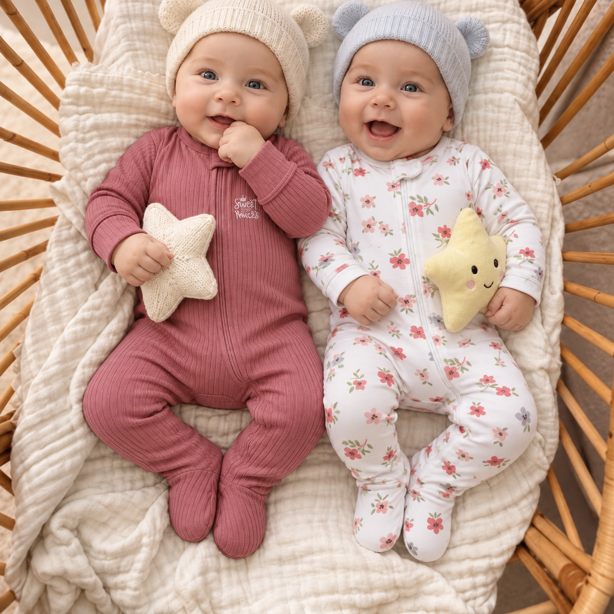 Dusty Pink ribbed zip footed romper and White floral-print footed romper, shown on babies in a padded wicker bassinet.