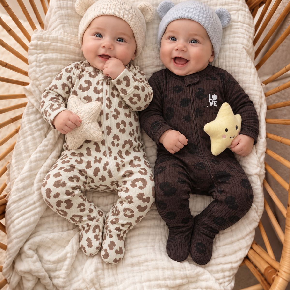 Cream and Brown animal-print zip footed romper paired with a dark Brown printed ribbed romper in a two-baby lifestyle image.