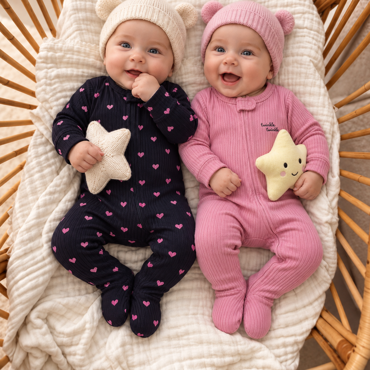 Black romper with Pink heart print and solid Pink ribbed zip footed romper, modelled by two babies lying side by side.