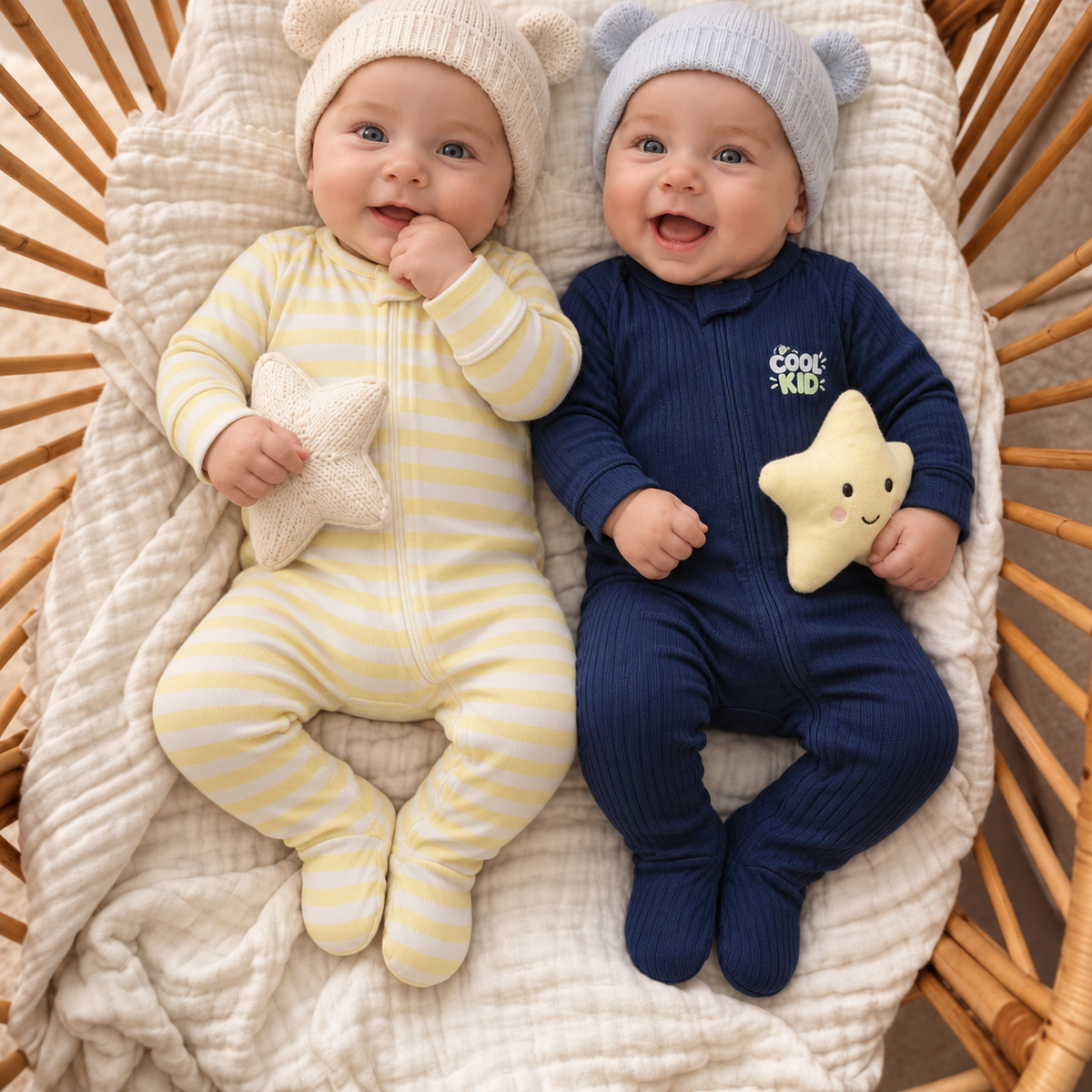 Two babies wearing Yellow and White striped and Navy ribbed zip-front footed rompers, shown lying in a cushioned wicker bassinet.