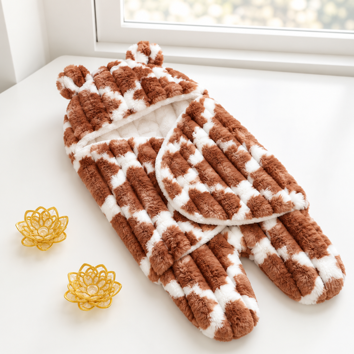 Brown and White plush stripe baby hooded swaddle displayed open on a White surface, showing the raised ear hood, White lining and overlapping wrap panel.