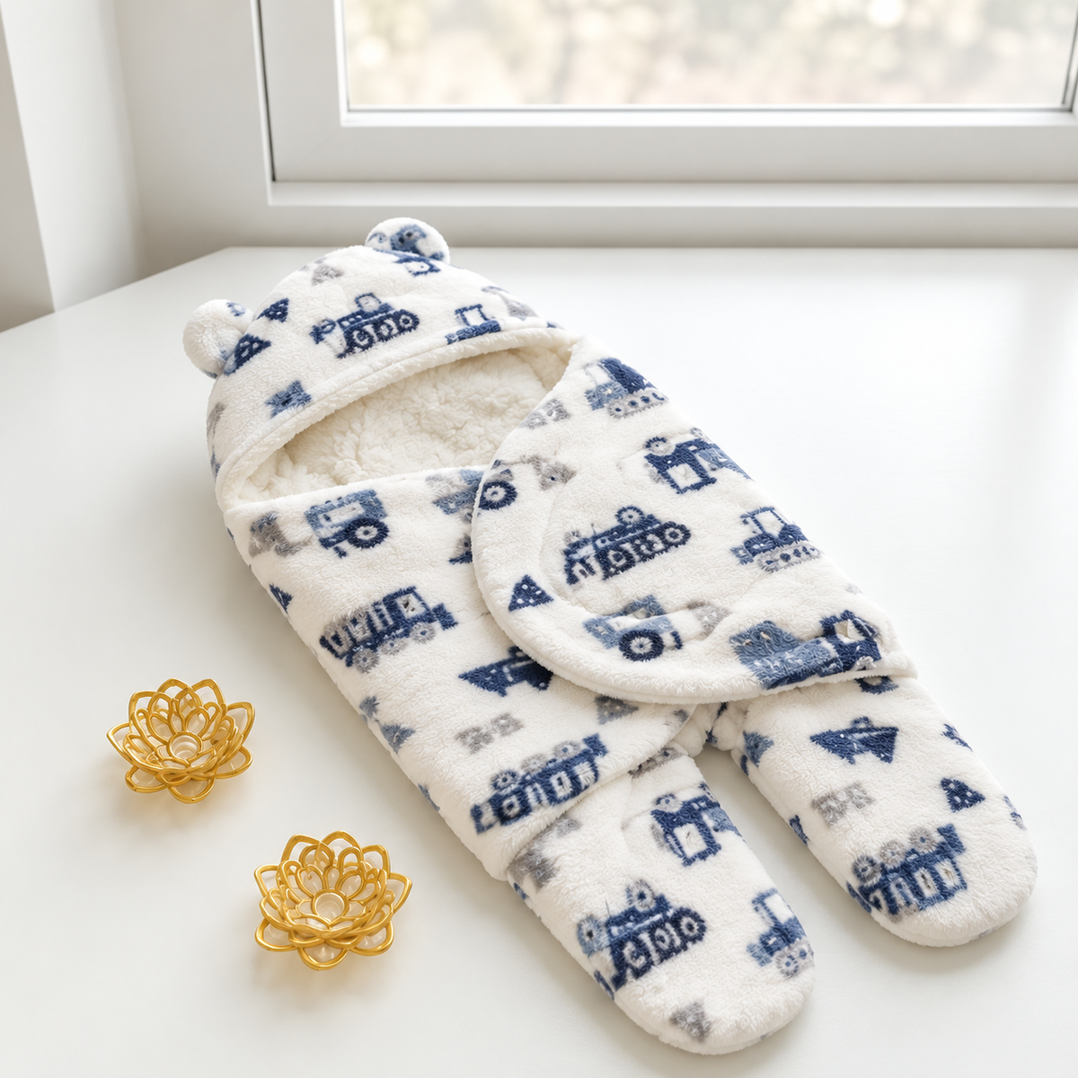 White baby footed swaddle with Blue vehicle and tree print, shown open with rounded ear hood, light lining and enclosed foot section.