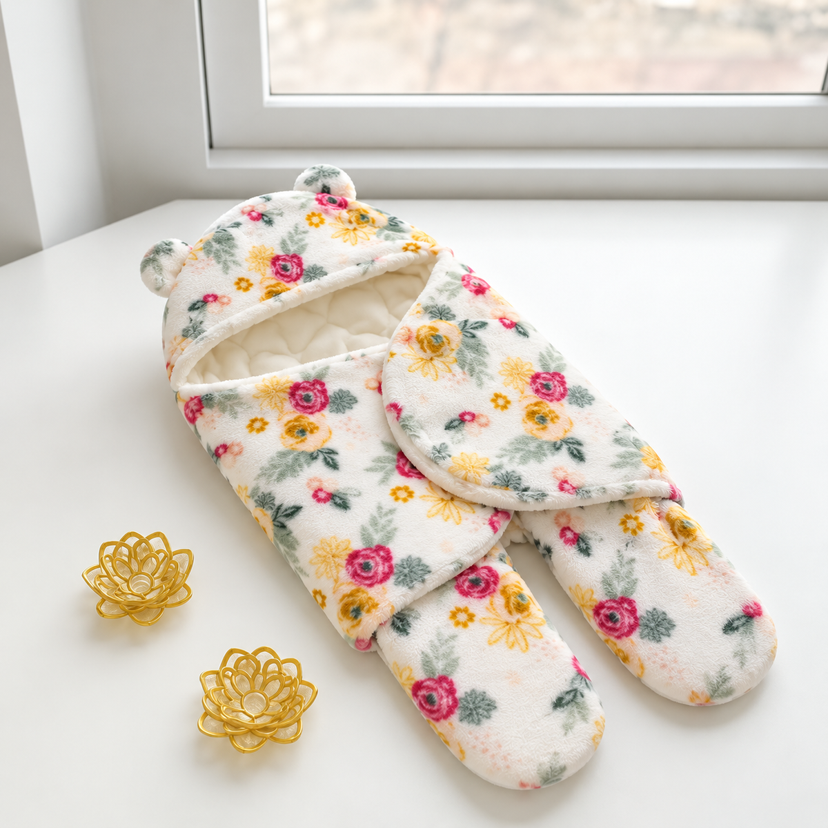White baby footed swaddle with Pink and Yellow floral print, bear-ear hood, cream lining and overlapping plush-look wrap front.