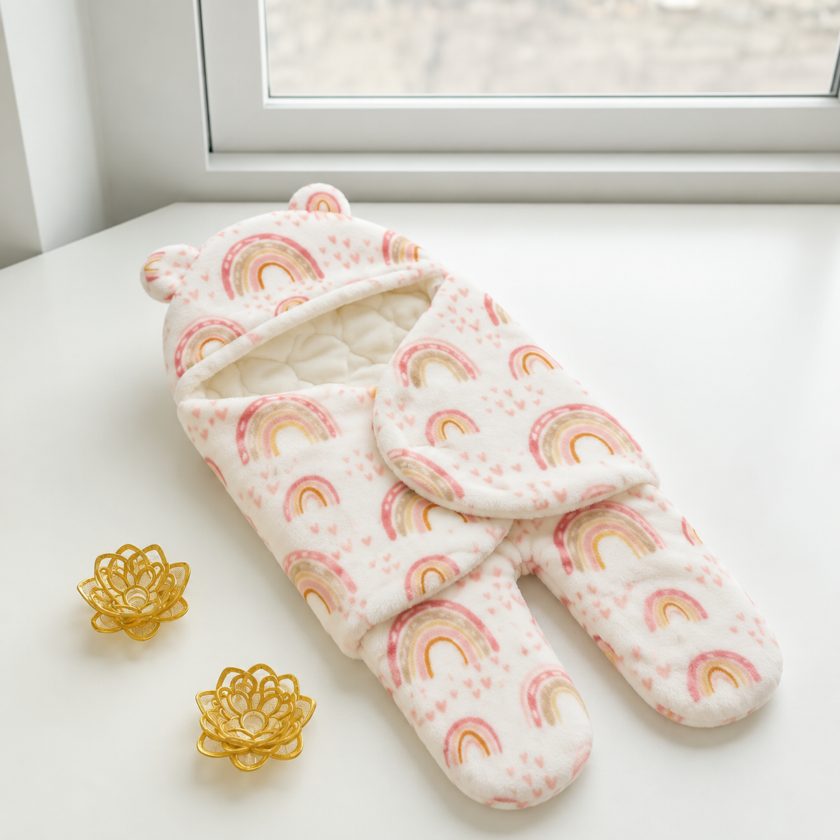 Pink and White rainbow-print baby footed swaddle displayed open, featuring rounded bear ears, wrap-over front panel and enclosed feet.