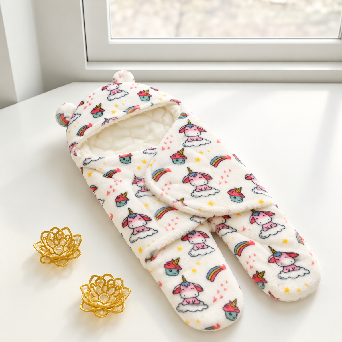 White baby footed swaddle with colourful unicorn, rainbow and star print, shown with bear-ear hood and soft light inner lining.