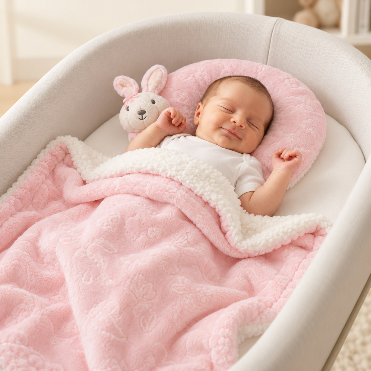 Sleeping baby in a cot shown covered with the Pink embossed plush blanket and resting beside the matching bunny-detail round neck pillow.