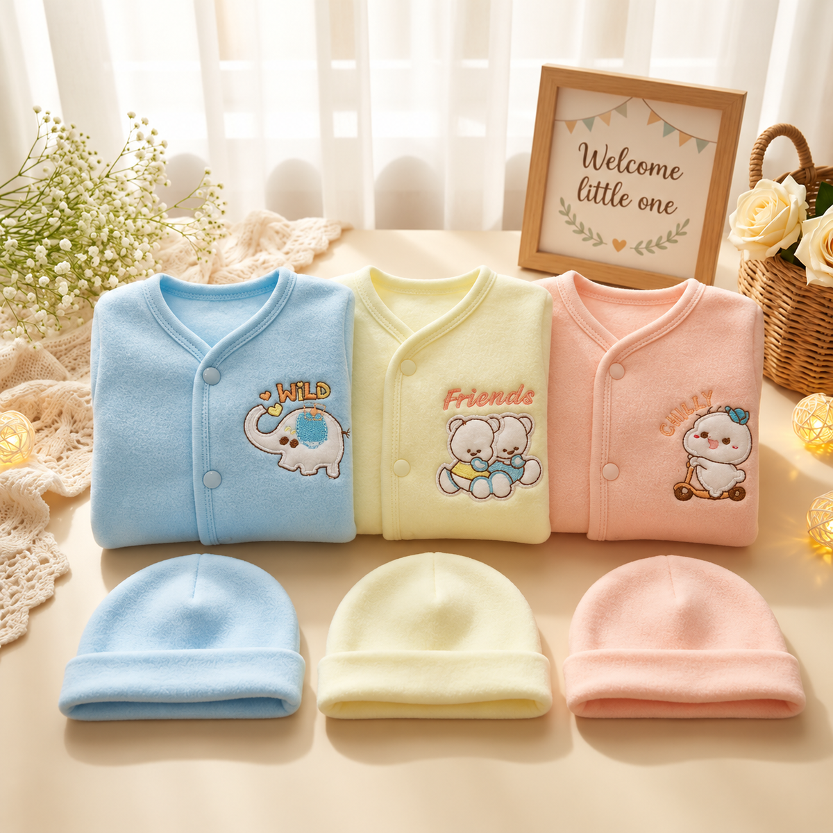 Light Blue, Pale Yellow and Peach newborn fleece-look wrap shirts and matching caps, presented with elephant, teddy friends and character-style embroidered motifs.